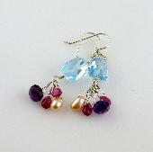 Blue Topaz Earrings with Sapphire and Amethyst Accents