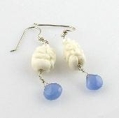 Carved Bali Bone Elephant Earrings with Soft Blue Drops