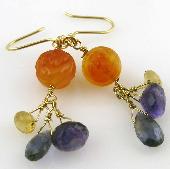 Carved Carnelian, Amethyst, Iolite and Hessonite Earrings