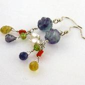 Carved Flourite Earrings with Peridot, Mexican Fire Opal