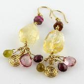 Citrine Earrings with Red Dangles and Gold Spiral Charms