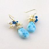 Larimar and Pearl Drop Earrings with Apatite Accents